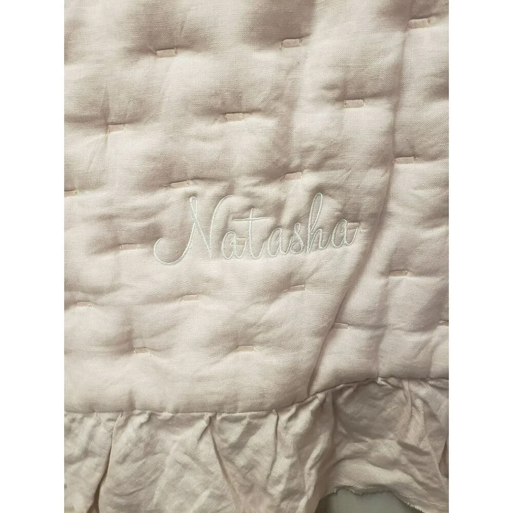 Pottery Barn Ruffle Belgian Linen Baby Quilt Lt Pink 36x50 NWOT Mono Natasha
